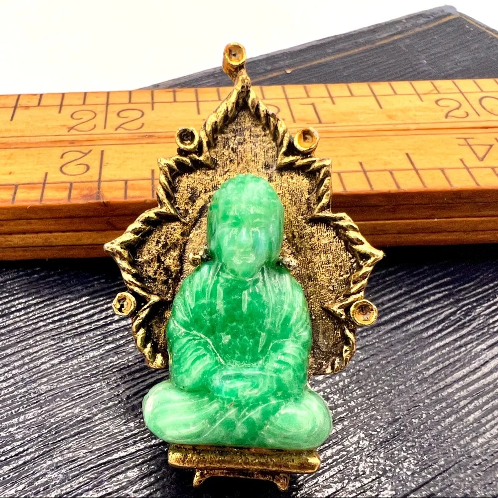 Vintage AMBASSADOR signed Buddha brooch green faux jade